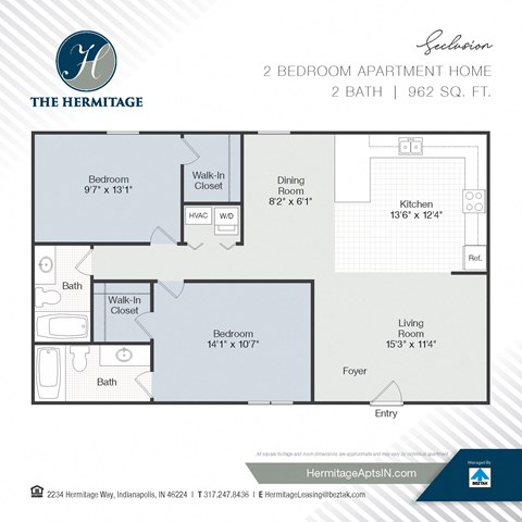 Floor plan for 2 beds, 2 baths, 962 sqft